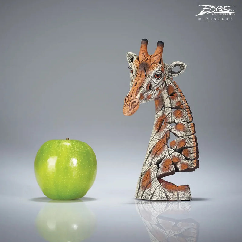 Edge Sculpture Giraffe by Matt Buckley in a minature form presented in a black matt gift box with silver foil edge sculpture logo, showing the piece beside an apple to demonstrate the scale of it