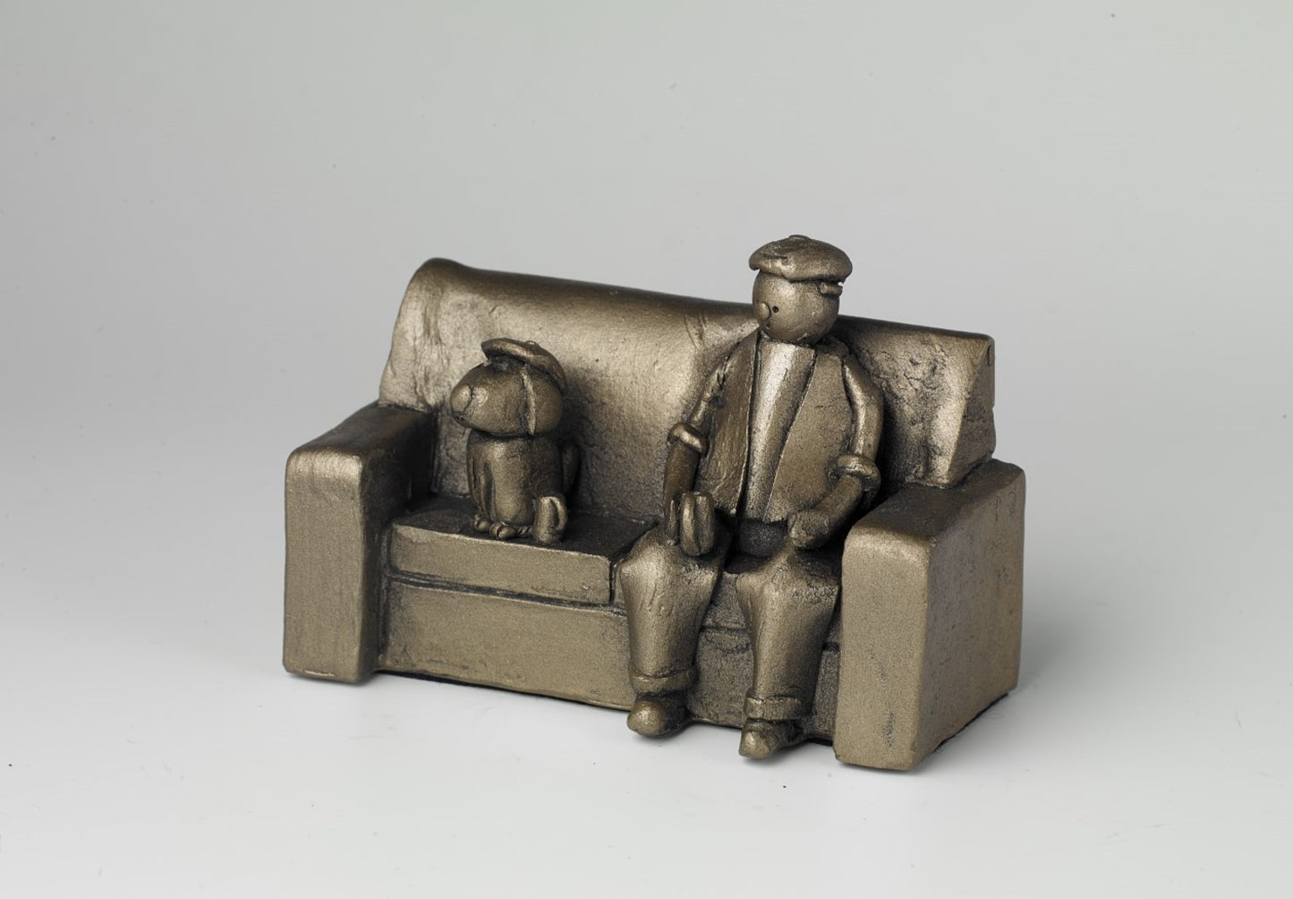 Man's Best Friend Man and Dog on Sofa Bronze Figurine by Ian Tinsley for Frith Sculpture