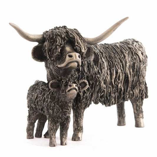 Highland Cow and Calf Bronze Figurine by Veronica Ballan (Frith Sculpture)