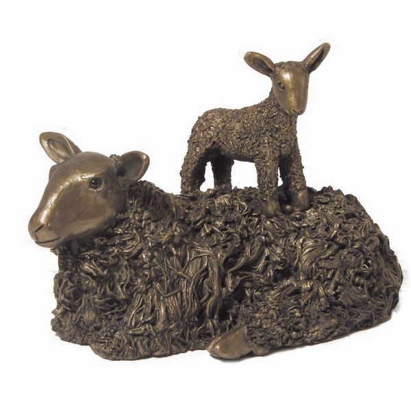Ewe with Lamb on Back Bronze Figurine by Veronica Ballan (Frith Sculpture)