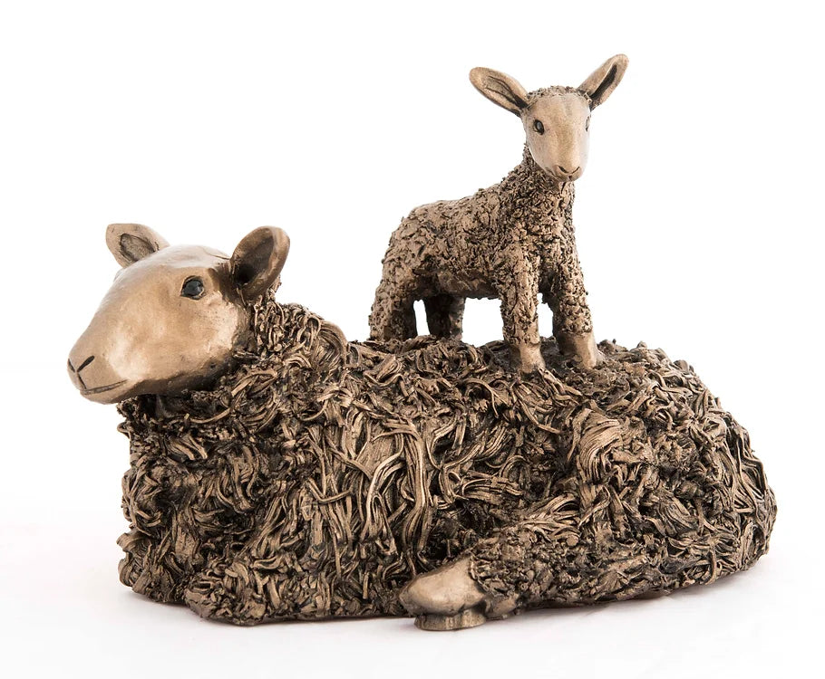 Ewe with Lamb on Back Bronze Figurine by Veronica Ballan (Frith Sculpture)