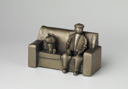 Man's Best Friend Man and Dog  on Sofa Bronze Figurine by Ian Tinsley for Frith Sculpture