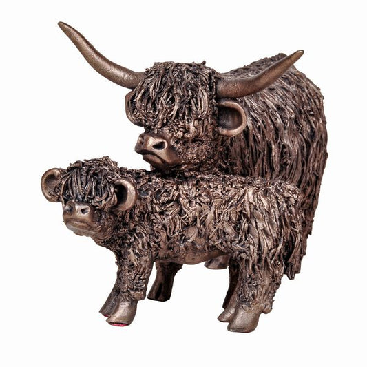 Medium Highland Cow & Calf Standing Bronze Sculpture by Veronica Ballan (Frith Sculpture)