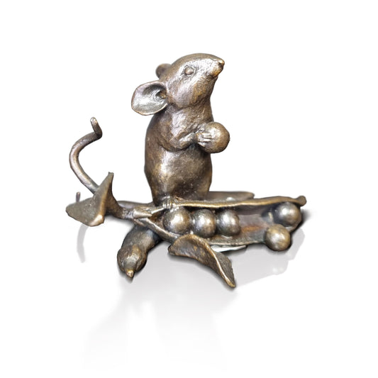 Mouse with Pea Pod  Bronze Sculpture by Michael Simpson
