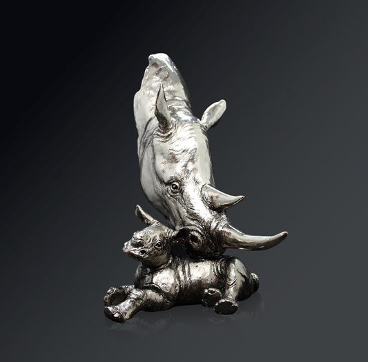 Rhino & Calf Nickel Sculpture by Keith Sherwin for Richard Cooper Studio