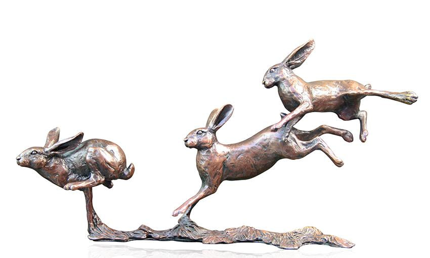 Small Hares Running Bronze Sculpture by Michael Simpson