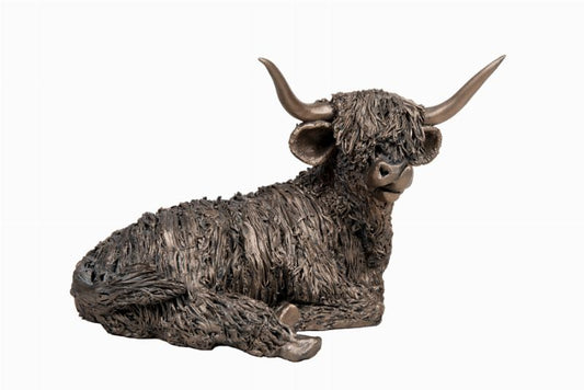 Highland Cow Resting Looking Up Bronze Sculpture By Veronica Ballan (Frith Sculpture)